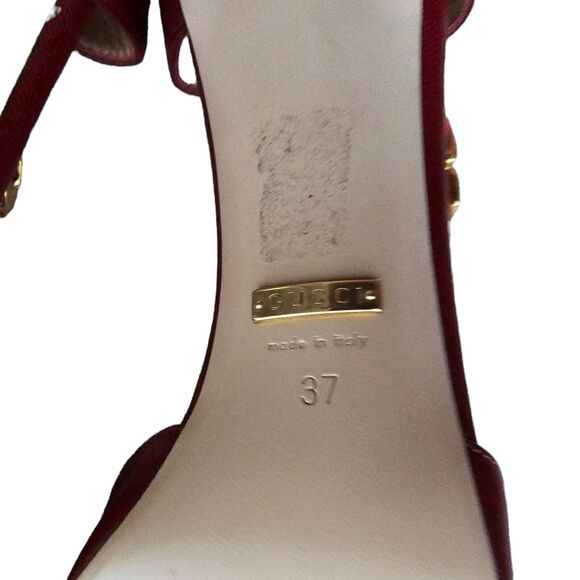 Gucci Malaga Kid Sylvie Gold Chain Pumps Heels Size 37 US 7 Burgundy Red Pointed - Picture 12 of 12